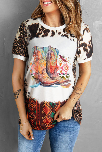 Cowboy Boots Graphic Bleached Leopard Aztec Print T Shirt | Dark Brown