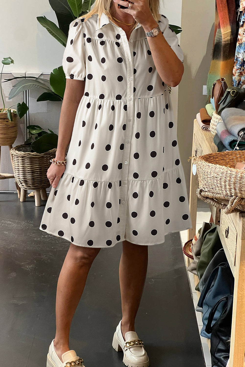 Polka Dot Print Short Sleeve Collar Buttoned Tiered Babydoll Dress | White