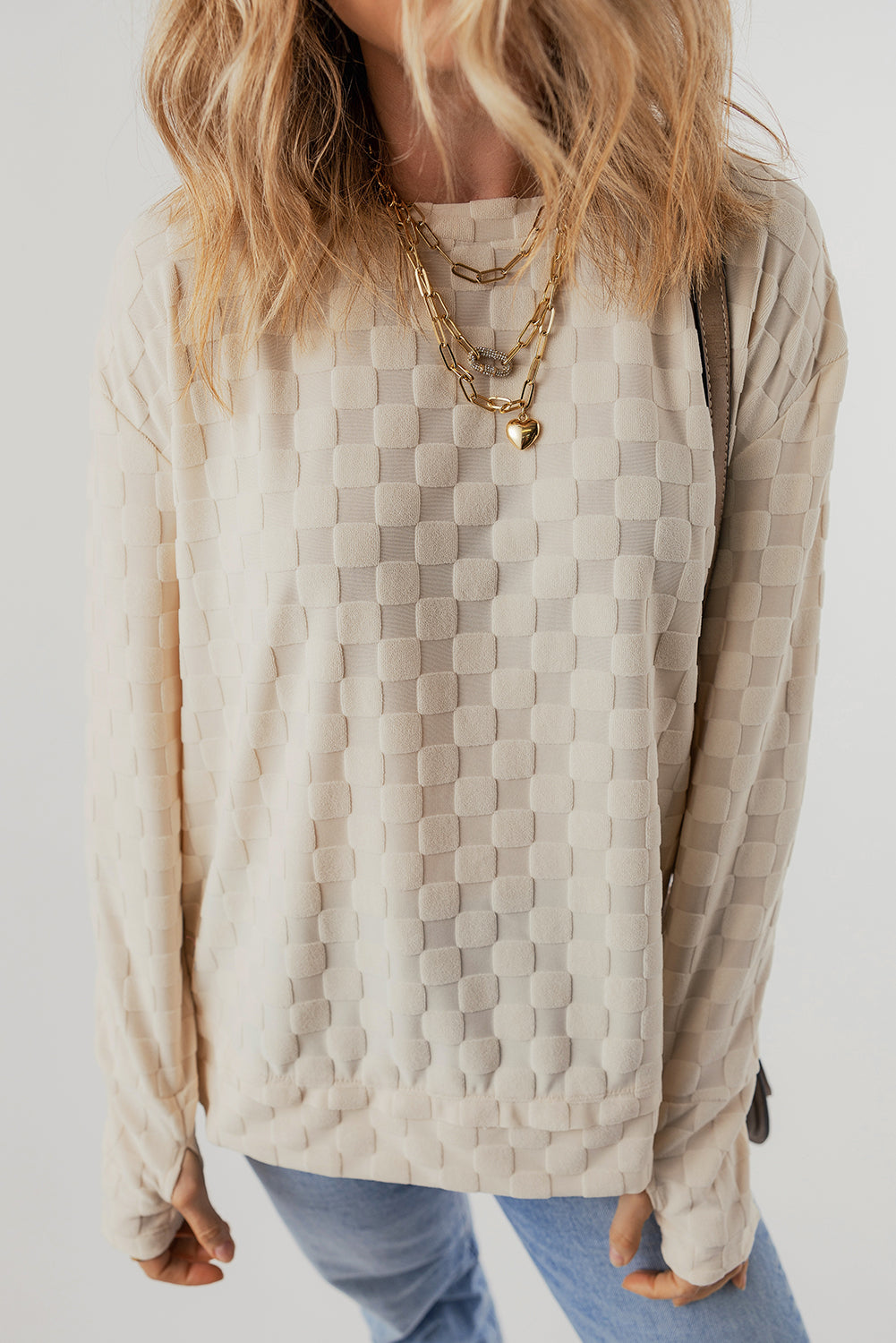 Solid Textured Thumbhole Sleeve Top | Beige