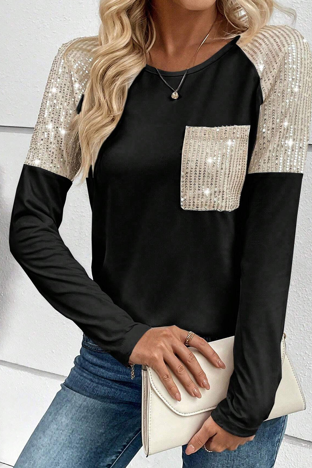 Sequin Patch Chest Pocket Raglan Sleeve Top | Black