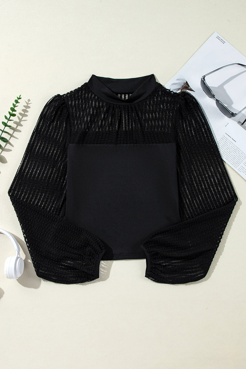 Stand Collar Striped Mesh Lantern Sleeve Blouse | Black