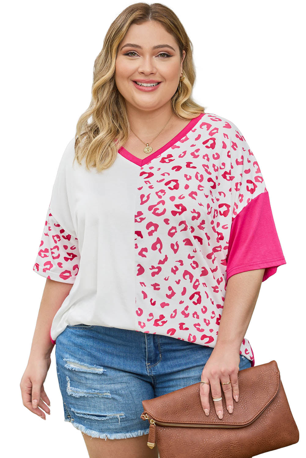 Plus Size Leopard Patchwork Short Sleeve Top | Rose