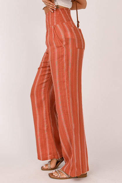 Striped Shirred High Waist Straight Leg Pants | Orange