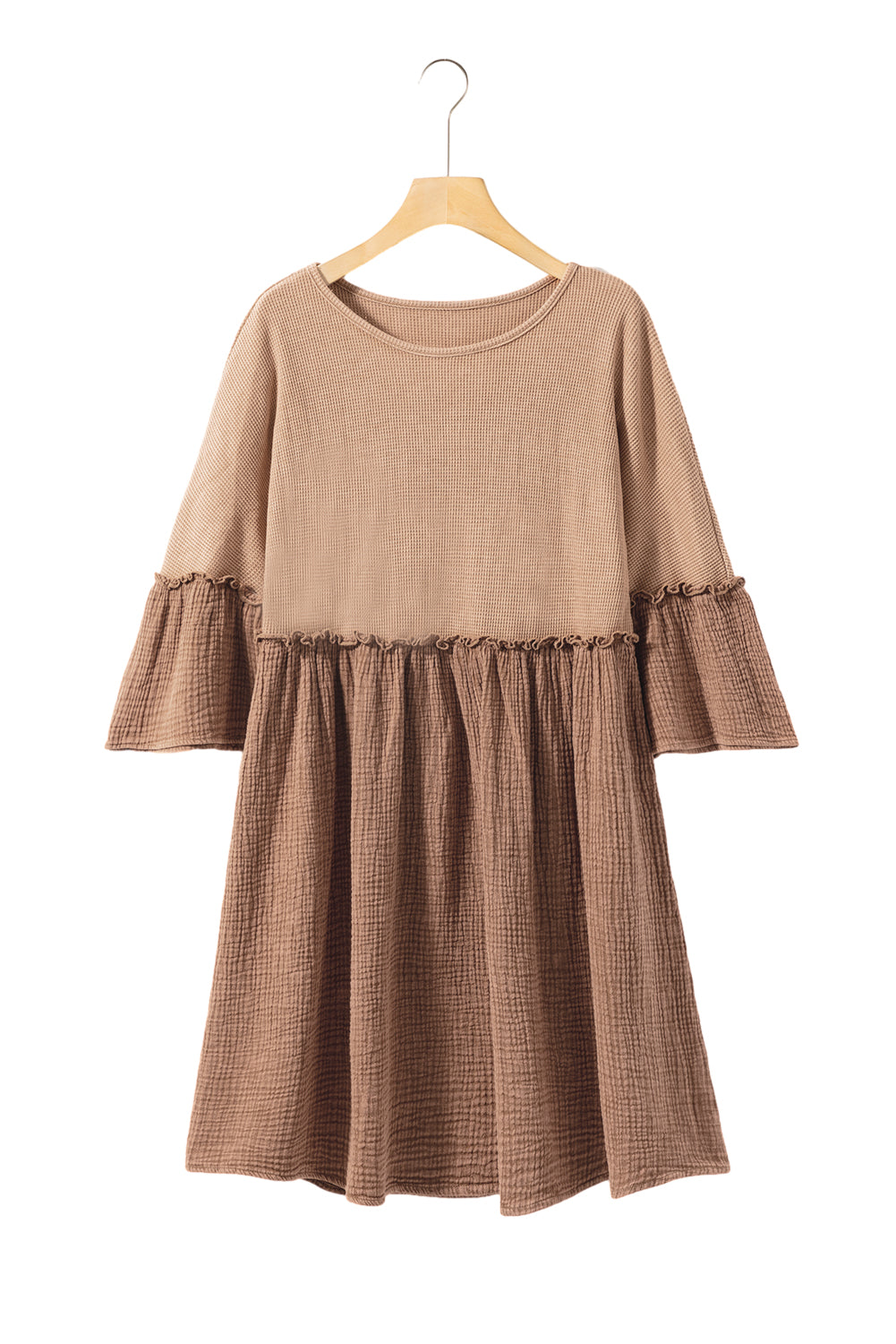 Waffle Crinkle Patchwork Frilled Flare Dress | Khaki