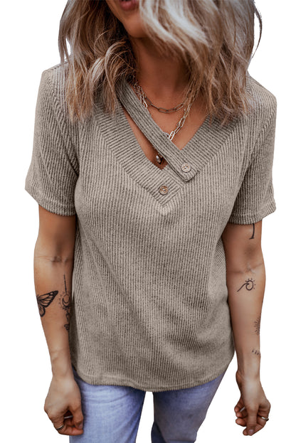 Ribbed Buttoned Strappy V Neck Tee | Pale Khaki