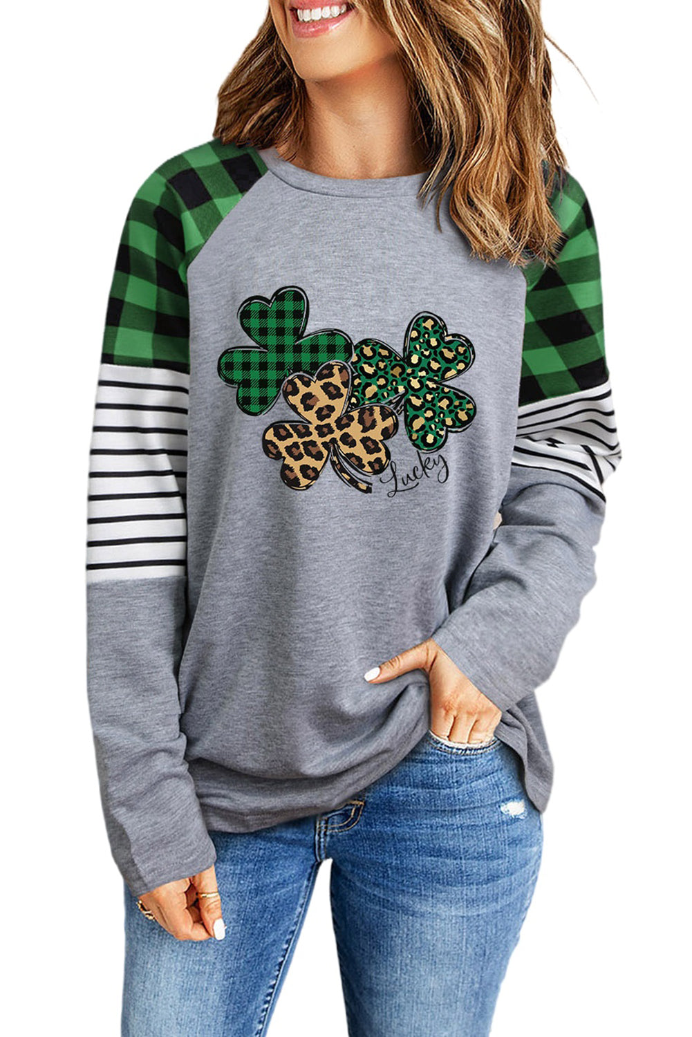 Lucky Clover Pattern Plaid Striped Sleeve Top | Green