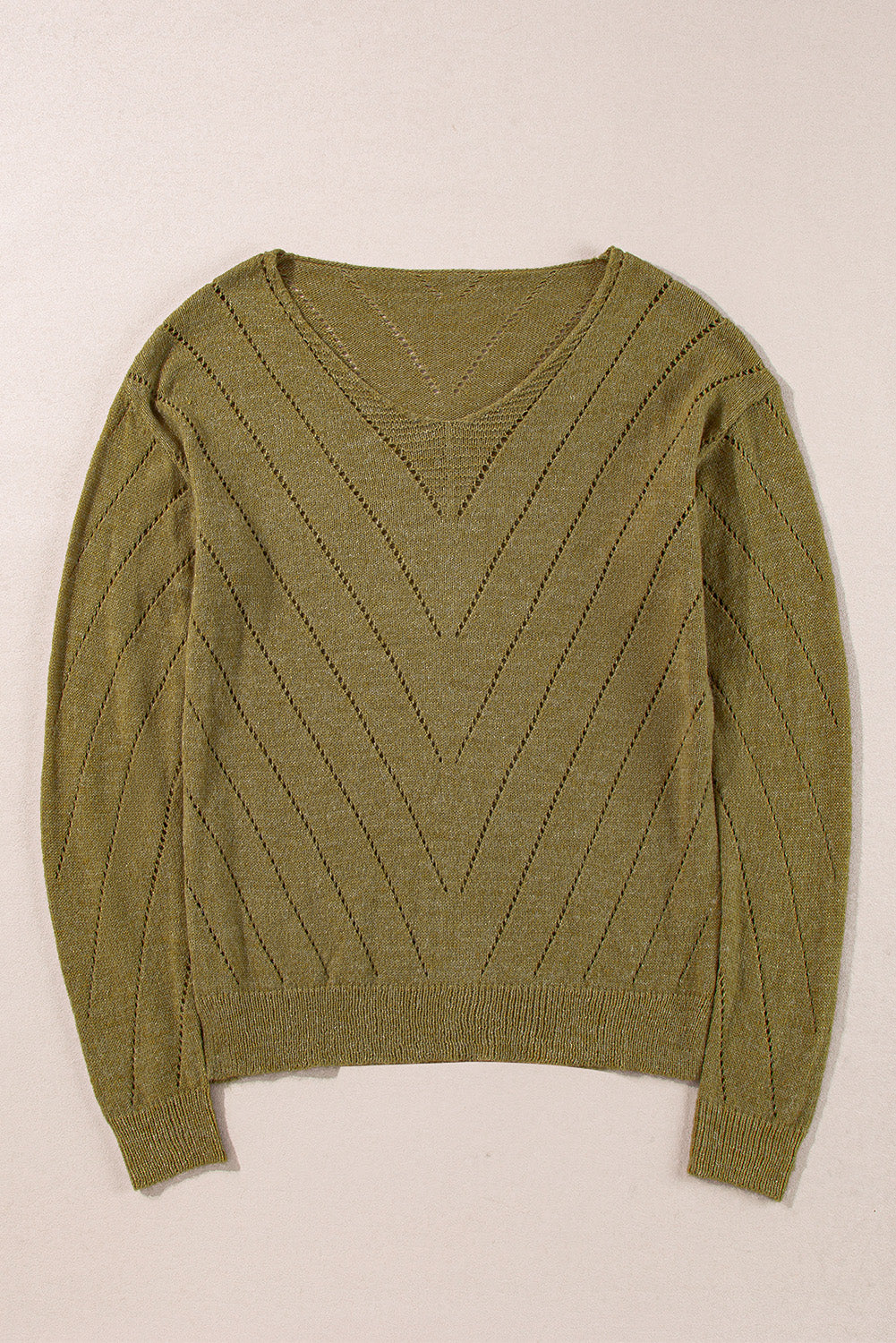 Solid Eyelet Drop Shoulder V Neck Sweater | Sage Green