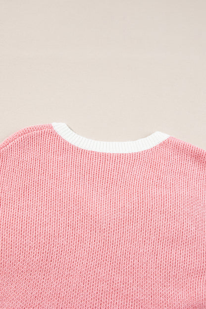 Flower V Neck Dropped Shoulder Sweater | Pink