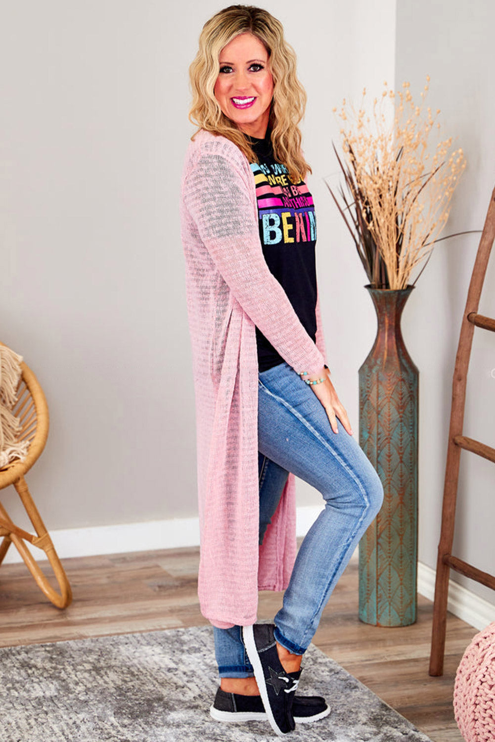 Sheer Knitted Long Side Slit Plus Size Cardigan | Pink