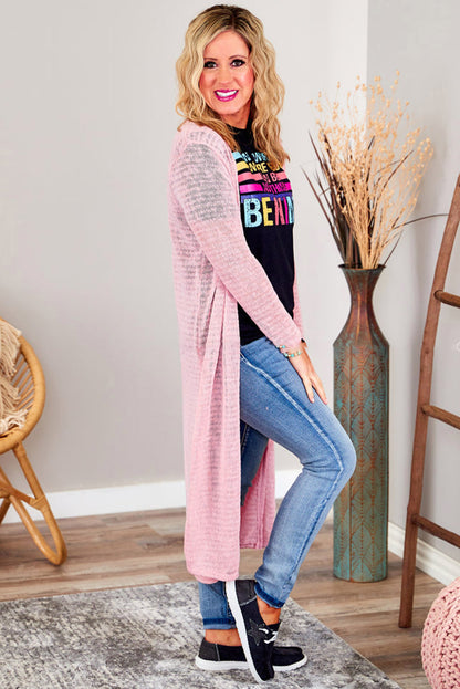 Sheer Knitted Long Side Slit Plus Size Cardigan | Pink