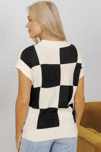 Checkered Colour Block Crew Neck Short Sleeve Sweater | Black