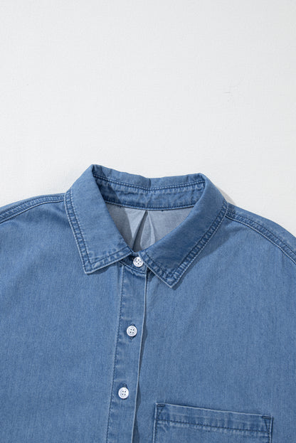 Solid Colour Oversized Patched Pocket Buttoned Shirt | Beau Blue