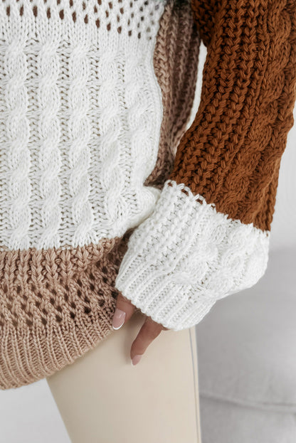 Mix Textured Knit Colourblock Patchwork Sweater | Khaki