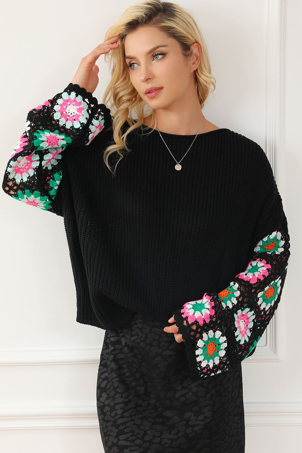 Floral Crochet Bell Sleeve Loose Sweater | Black