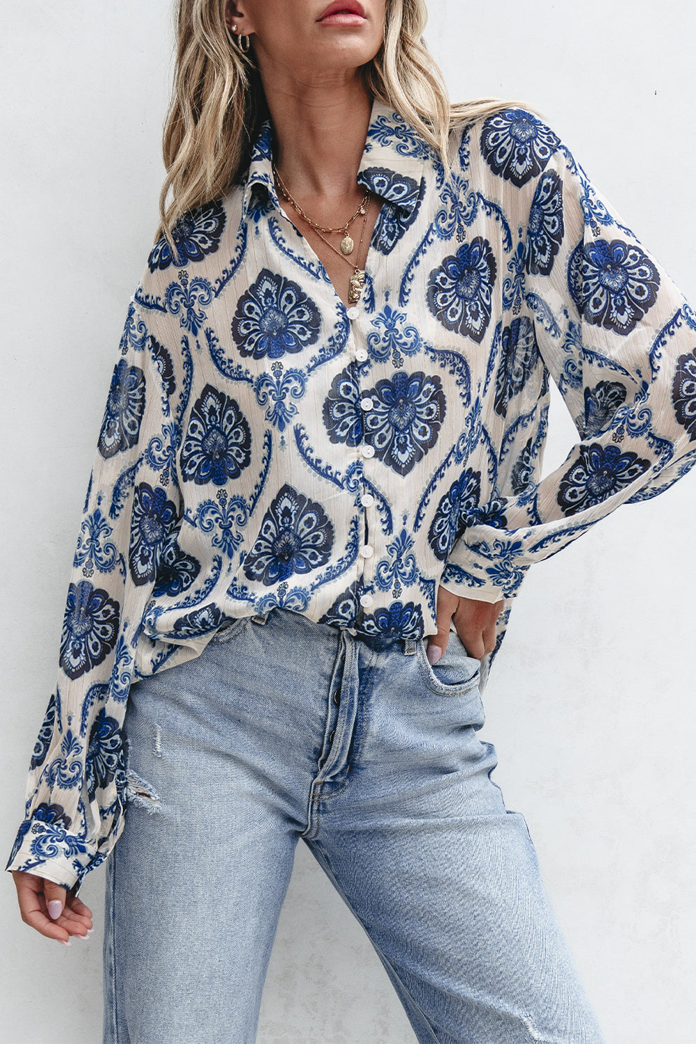 Tribal Pattern Buttoned Front Loose Shirt | Blue