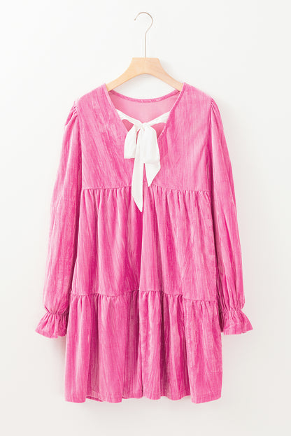 Flounce Sleeve Tiered Ruffled Velvet Mini Dress | Strawberry Pink