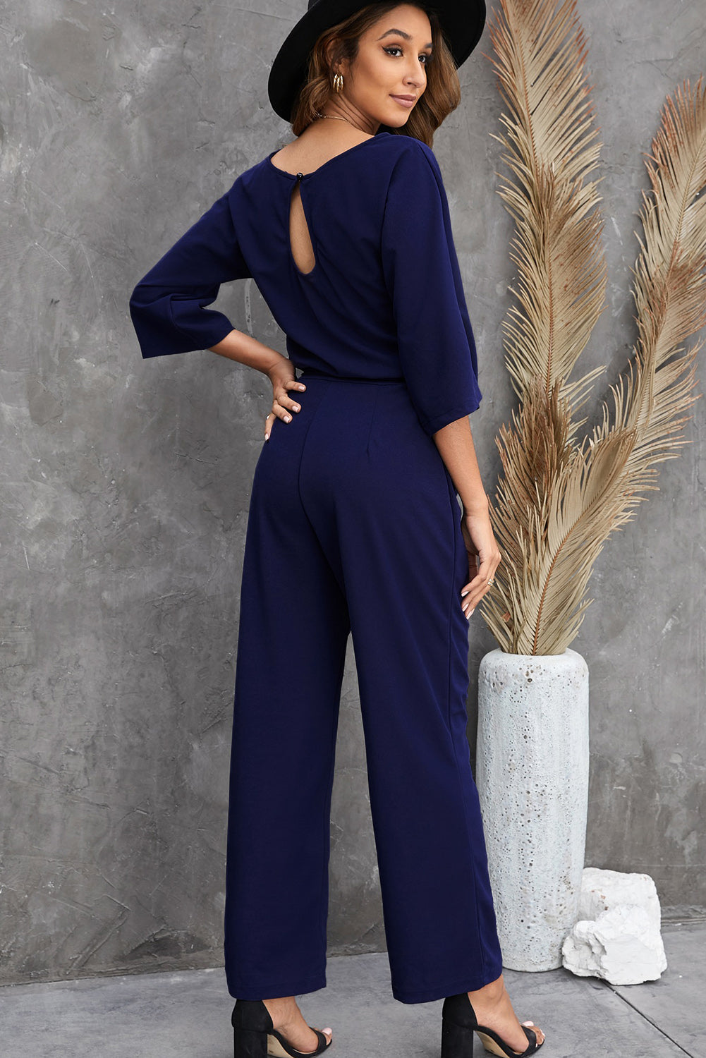 Bracelet Sleeve Waist Tie Wide Leg Jumpsuit | Blue