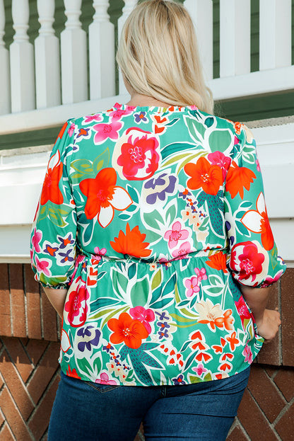 Floral Tie Split Neck Plus Size Peplum Blouse | Multicolour