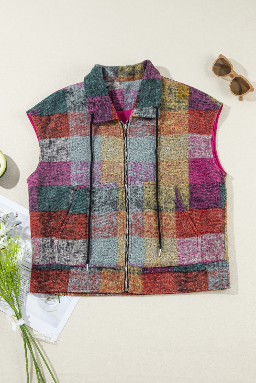 Plaid Print Side Pockets Zipped Loose Vest | Multicolour