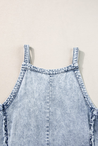 Light Wash Frayed Exposed Seam Wide Leg Denim Overall | Beau Blue