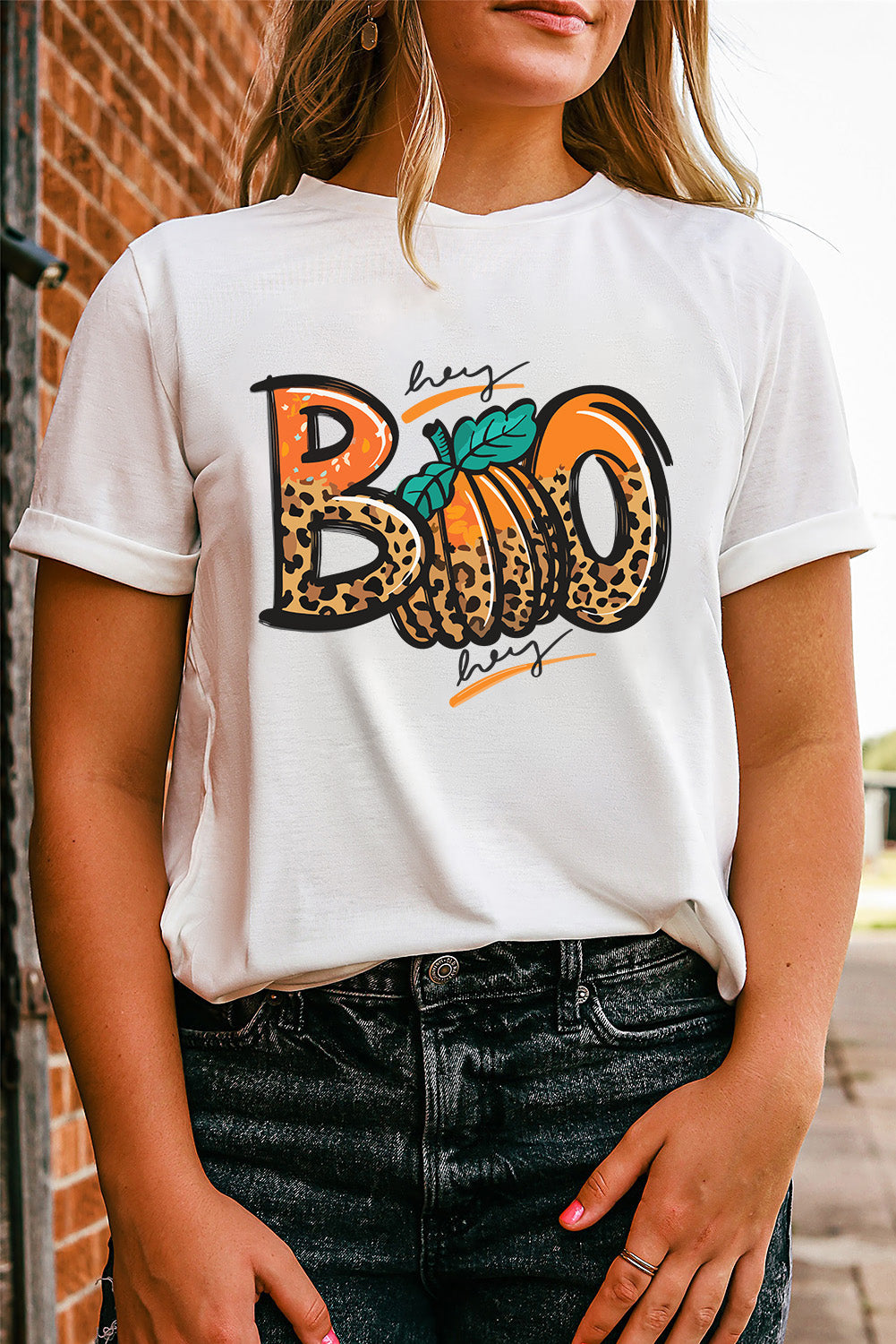 Boo Pumpkin Leopard Print Crew Neck T Shirt | White