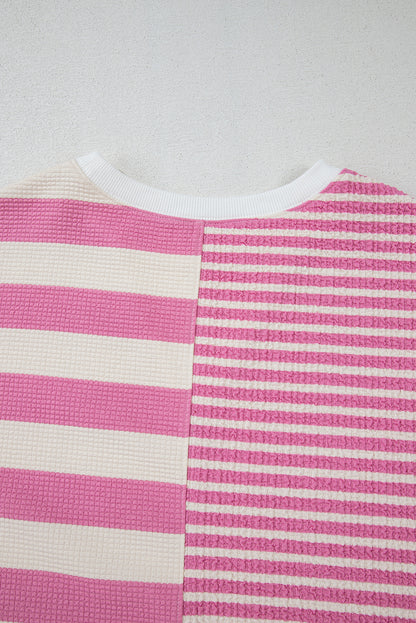 Patchwork Textured Short Sleeve High Low Loose Top | Pink Stripe