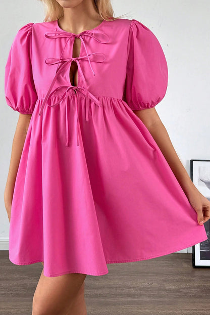 Solid Colour Puff Sleeve Tie Front High Waist Mini Dress | Bright Pink