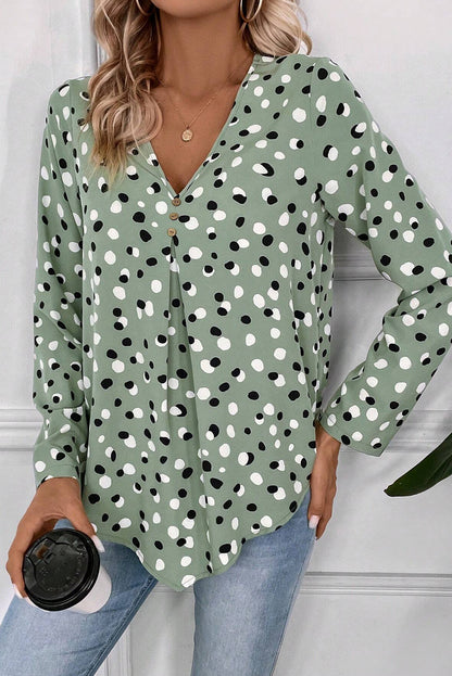 Polka Dot Print Button Front V Neck Blouse | Green