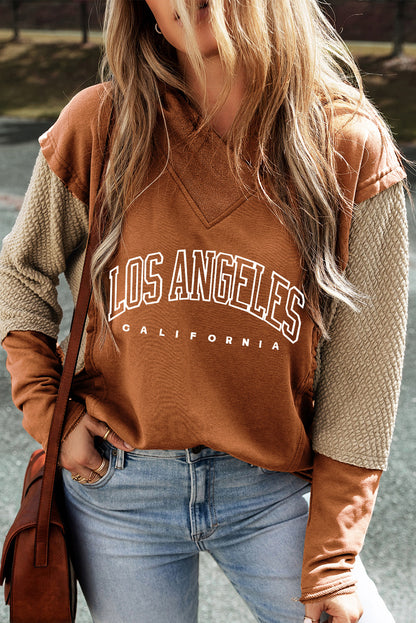 Los Angeles Colourblock Textured Knit Patchwork Hoodie | Chestnut