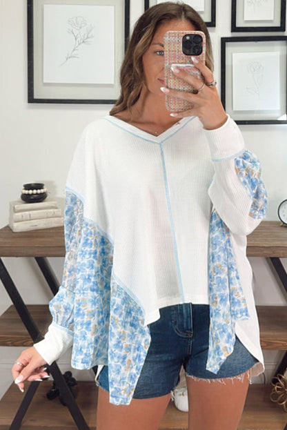 Abstract Floral Patchwork Batwing Sleeve V Neck Blouse | White