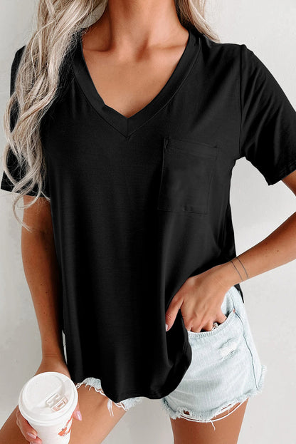 Black V Neck Pocketed Rounded Hem Tee