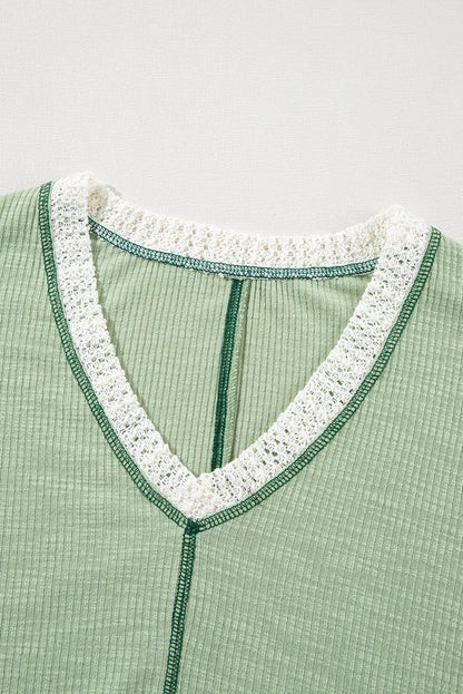 Crochet Detail Exposed Seam High Low Loose Top | Grass Green