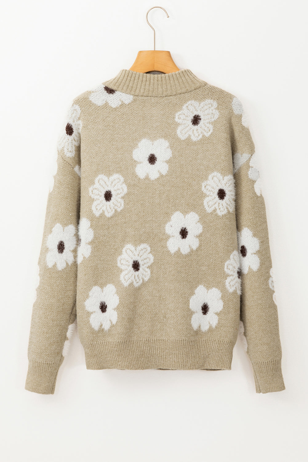 Floral Pattern Half Zip Drop Shoulder Sweater | Khaki