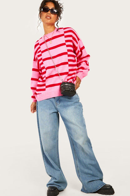 Bubble Sleeve Drop Shoulder Ribbed Trim Sweater | Pink Stripe