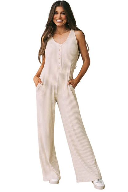 Sleeveless Buttoned Ribbed Wide Leg Jumpsuit With Pockets | Apricot