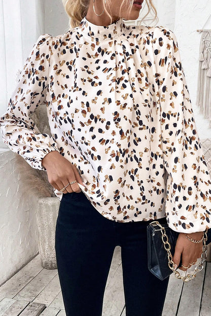 Leopard Print Lantern Sleeve Mock Neck Pleated Blouse | White