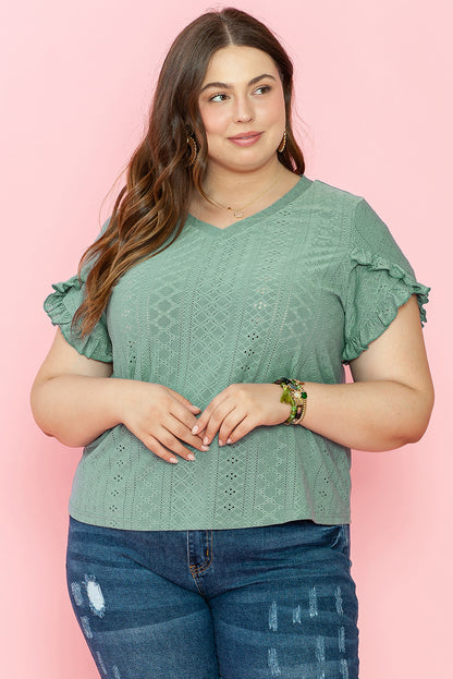 Petal Sleeve Jacquard V Neck Curvy Blouse | Laurel Green