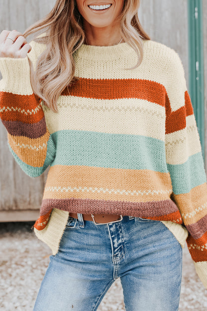 Crew Neck Drop-Shoulder d Colour Block Sweater | Stripe