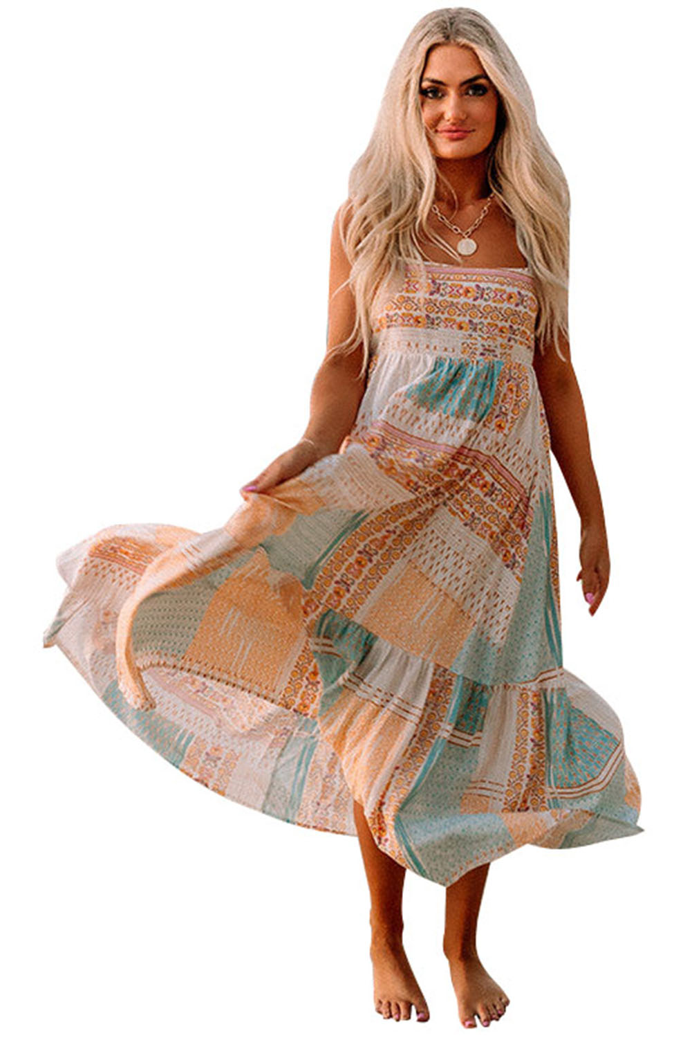 Boho Patchwork Print Square Neck Sundress | Multicolour