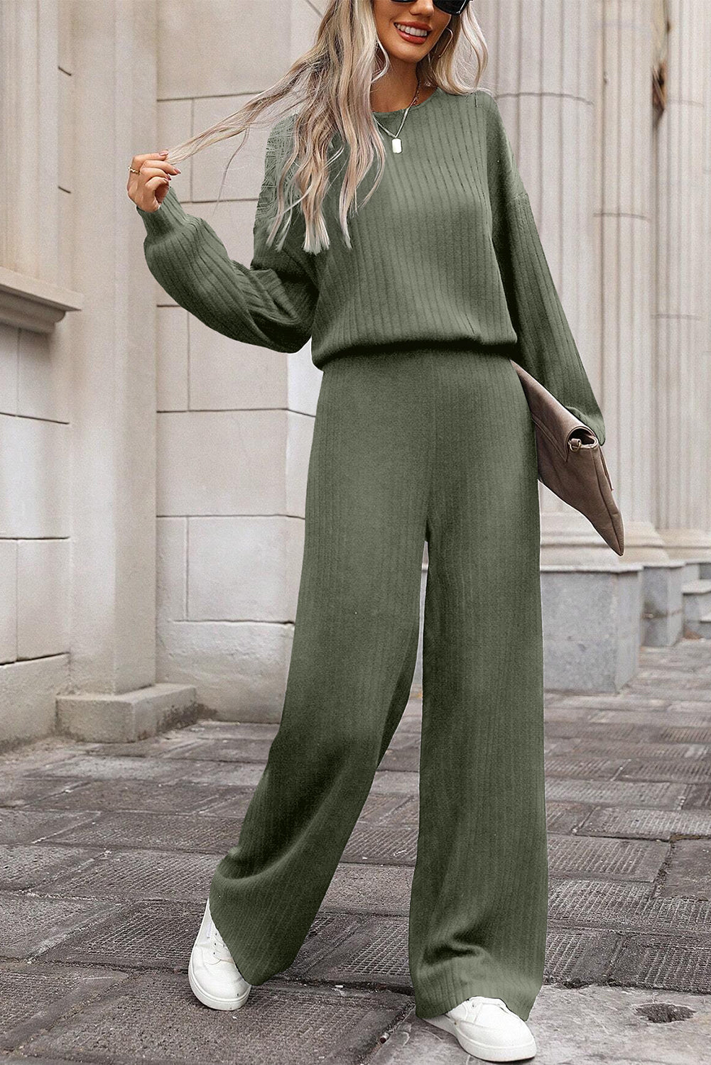 Solid Ribbed Knit Keyhole Back High Waist Jumpsuit | Laurel Green