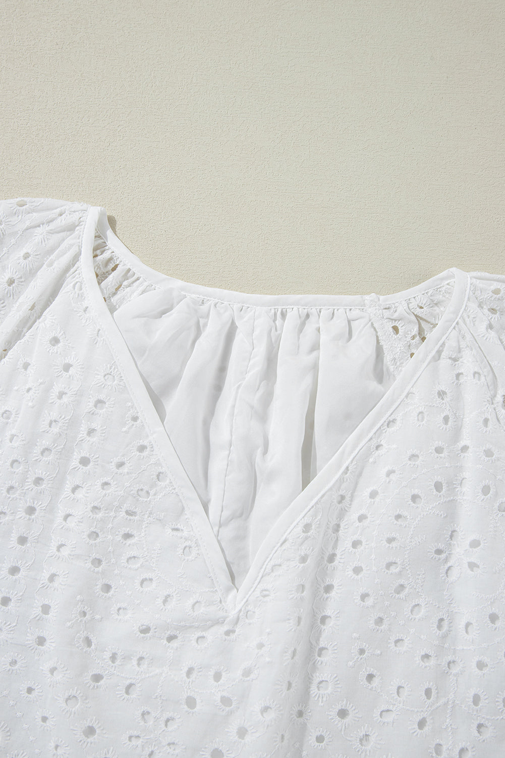 Eyelet Embroidered V Neck Puff Sleeve Blouse | White