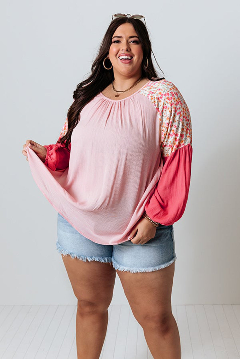 Contrast Floral Patchwork Long Sleeve Plus Size Blouse | Pink