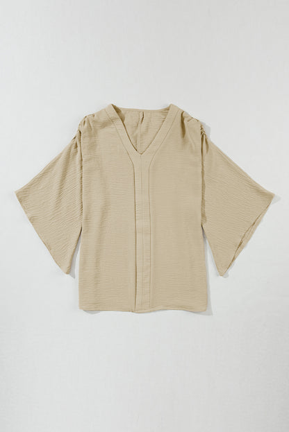 Solid V Neck Wide Sleeve Crinkled Blouse | Parchment