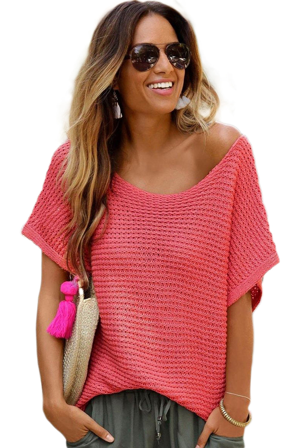 Solid Loose Knit Short Dolman Sleeve Sweater | Red Clay