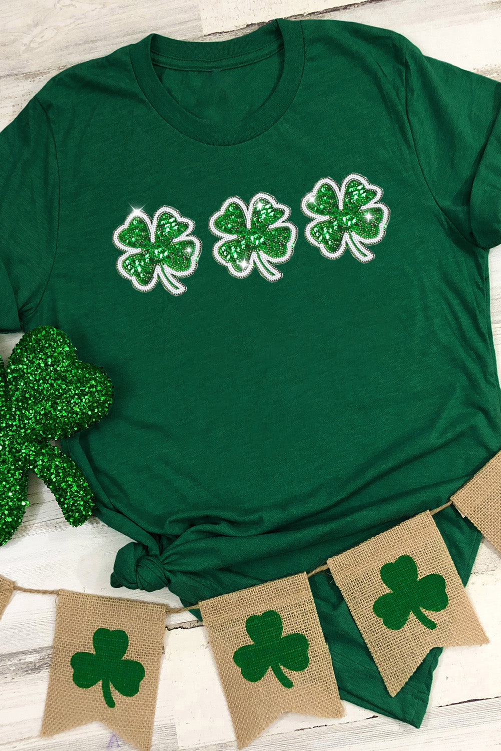 Green St Patrick Clover Patch Sequin Graphic T-shirt