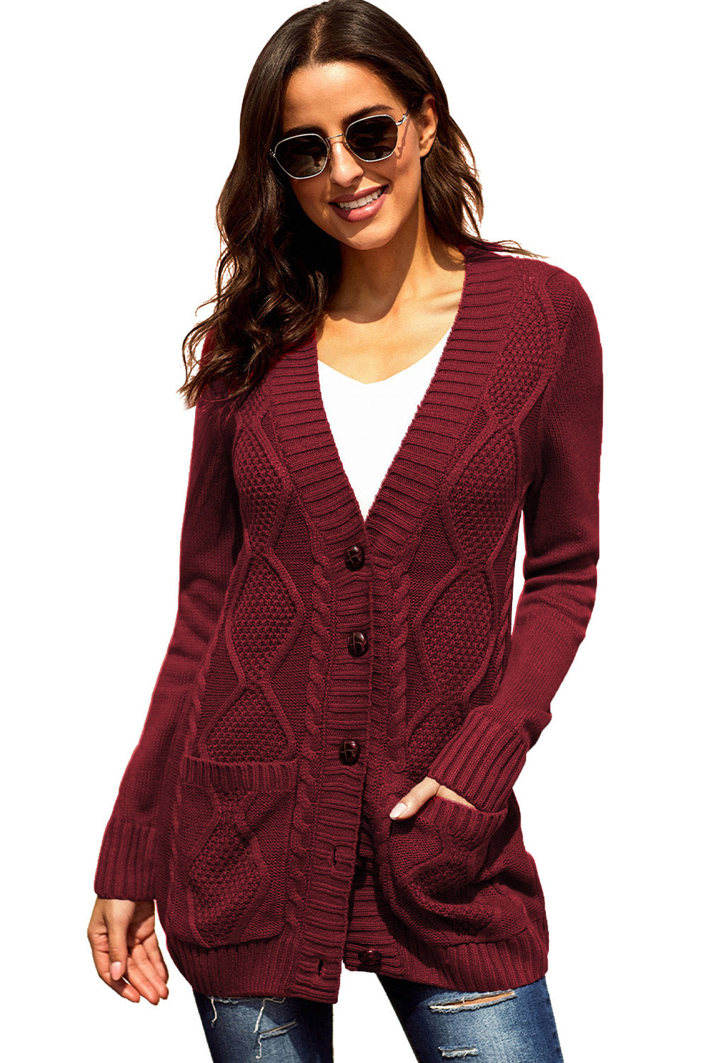 Burgundy Front Pocket And Buttons Closure Cardigan | Red