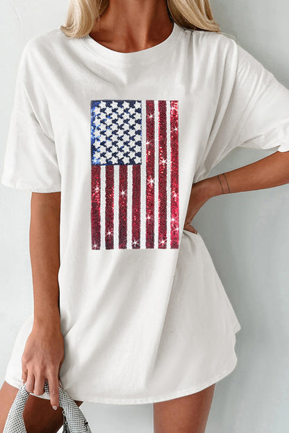 Sequined American Flag Crewneck Oversized Tee | White