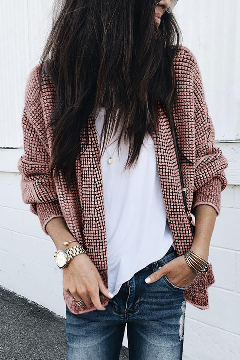 Plaid Contrast Trim Open Front Cardigan | Peach Blossom