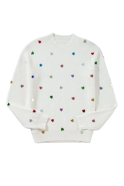 Sequin Heart Shape Waffle Knit Round Neck Sweater | Beige