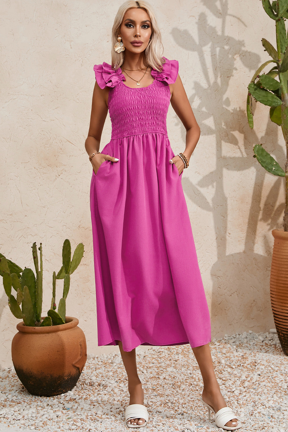 Solid Colour Ruffled Straps Smocked Ruched Maxi Dress | Rose Red